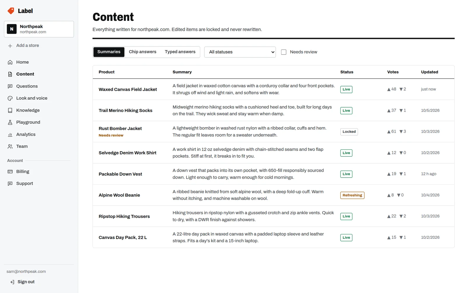 A table of product summaries with Live, Locked and Refreshing statuses and helpful and not-helpful counts.