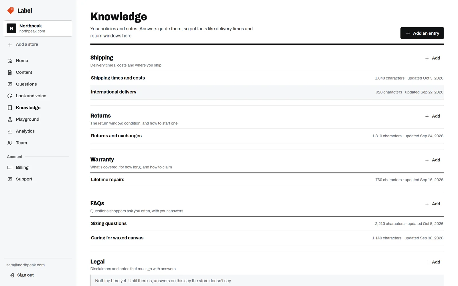 Knowledge entries under Shipping, Returns, Warranty and FAQs, each with its length and when it was updated.
