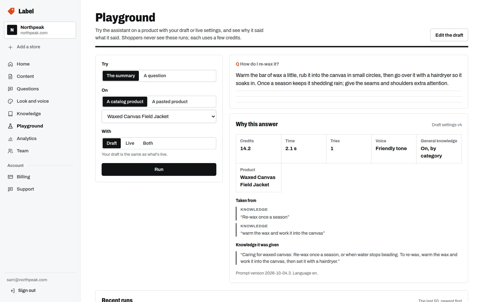 The Playground showing an answer about re-waxing a jacket, with credits, time, voice and the knowledge it quoted.