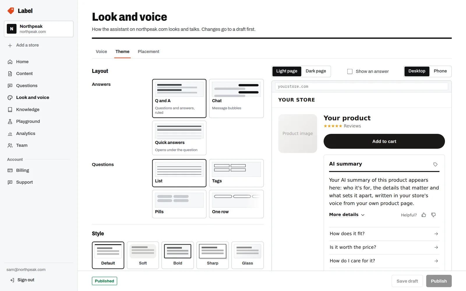 The Theme tab with answer and question layouts, five styles, and a live widget preview.