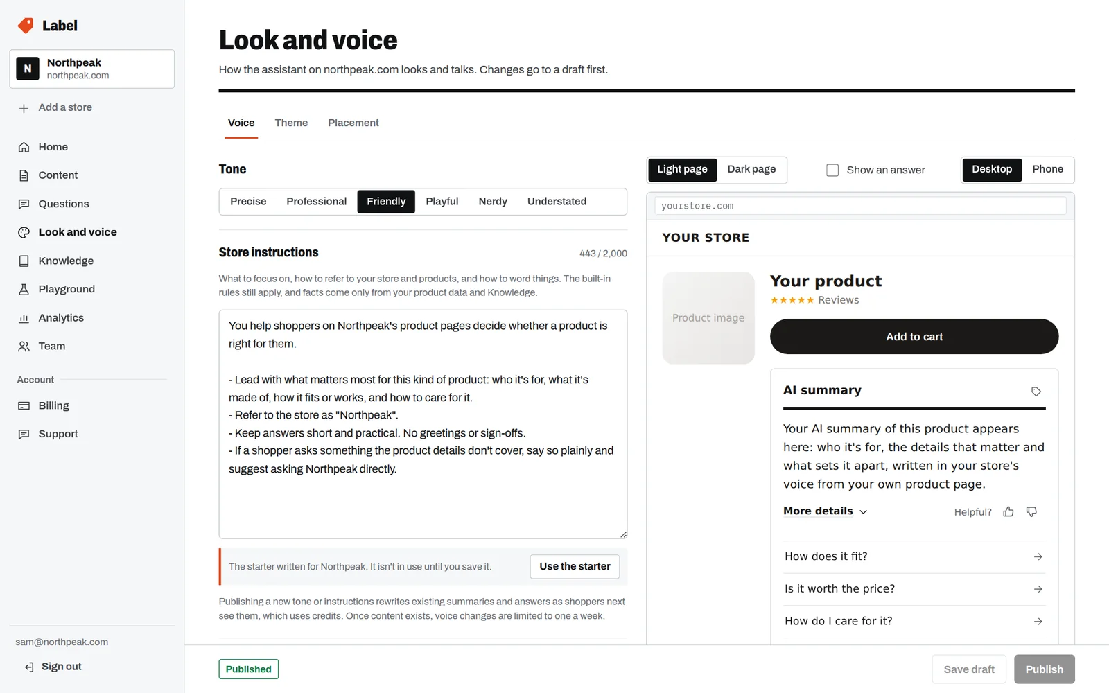 The Voice tab with a tone picker set to Friendly and the store's instructions.