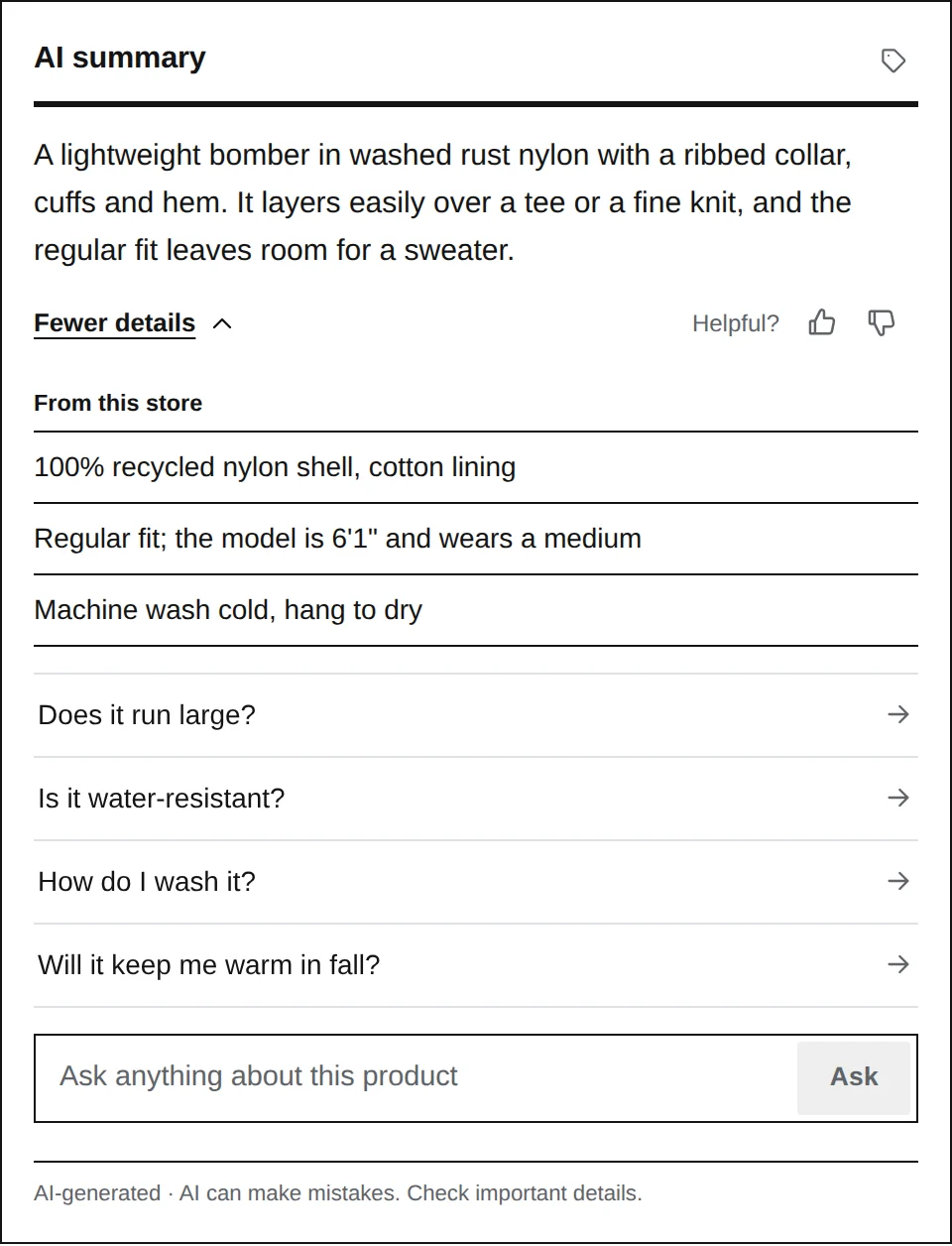 The Label widget on a sample jacket page: an AI summary, more details from the store, a Helpful rating, four suggested questions, a question box and an AI-generated note.