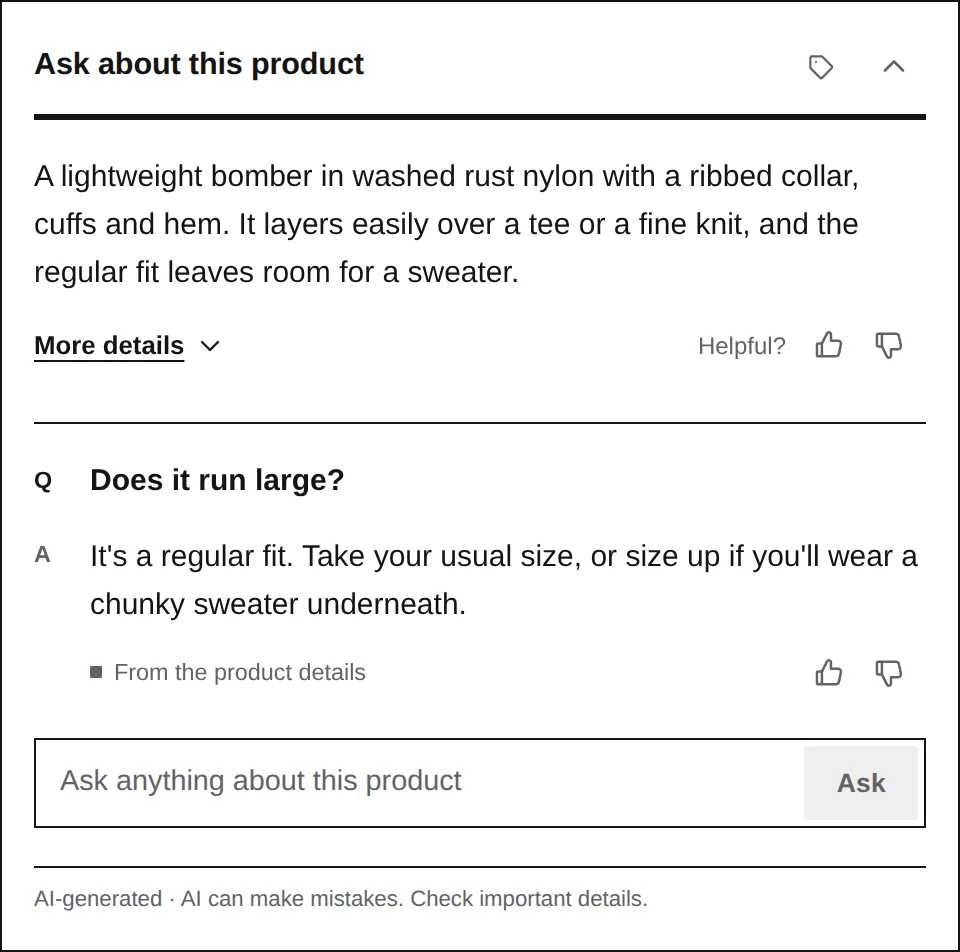 A shopper asked whether a jacket runs large; the answer says it's a regular fit, marked From the product details, with thumbs up and down.