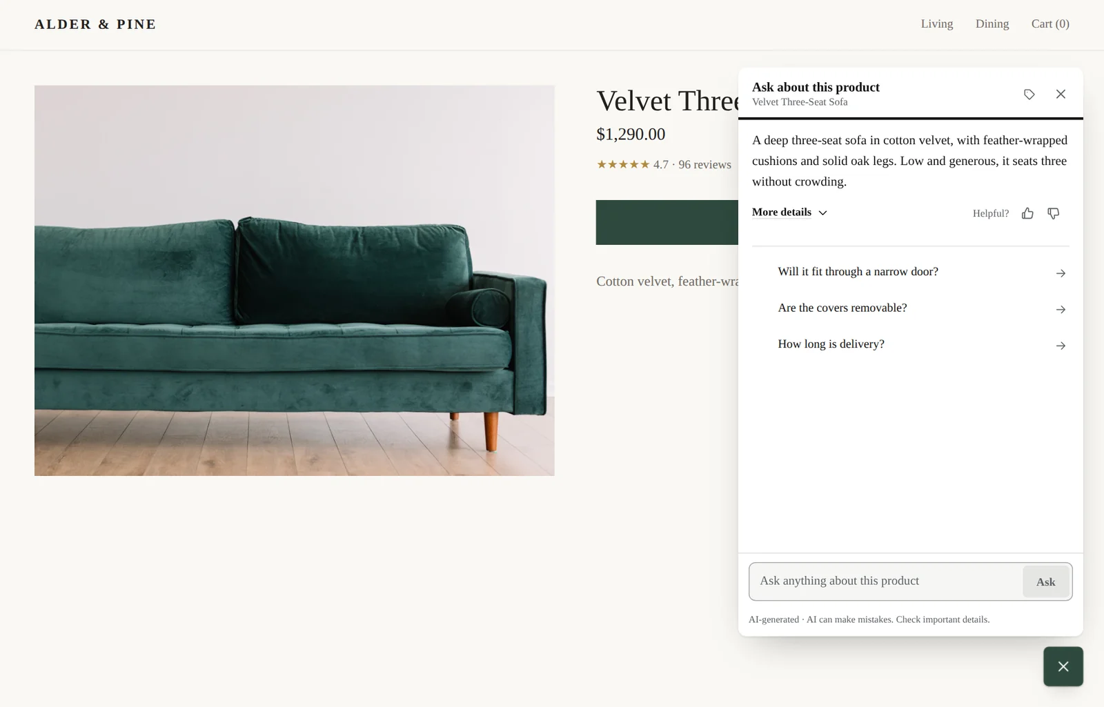 A furniture store's sofa page with Label's floating panel open on the right: a summary of the sofa and three suggested questions.