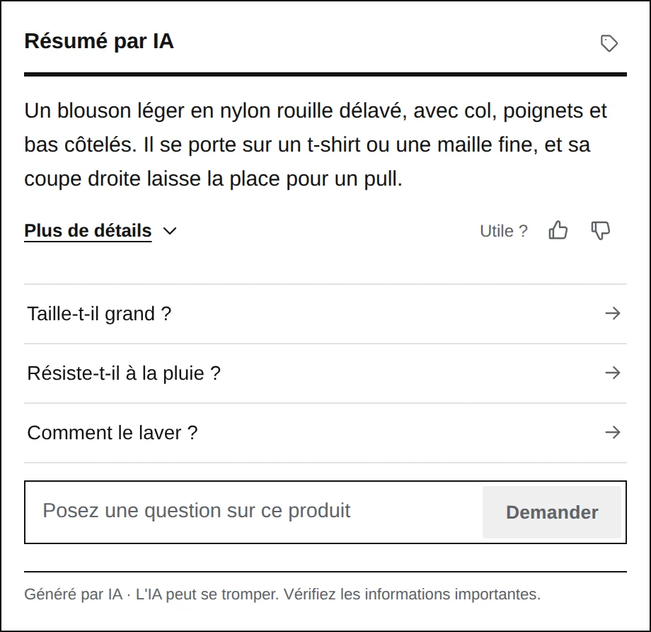 The widget in French: Résumé par IA, Plus de détails, three questions in French and a French question box.