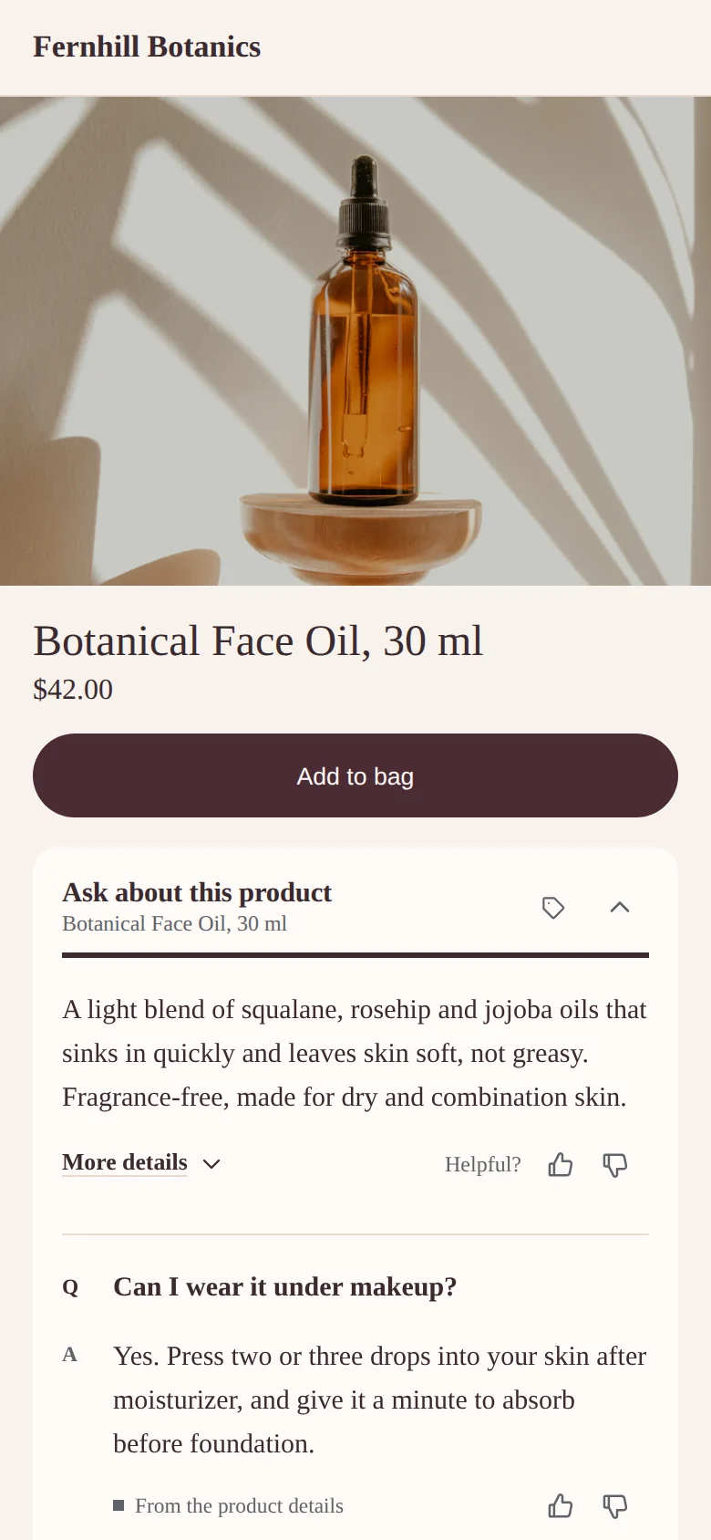 A face oil product page on a phone, with the widget answering whether it can be worn under makeup.